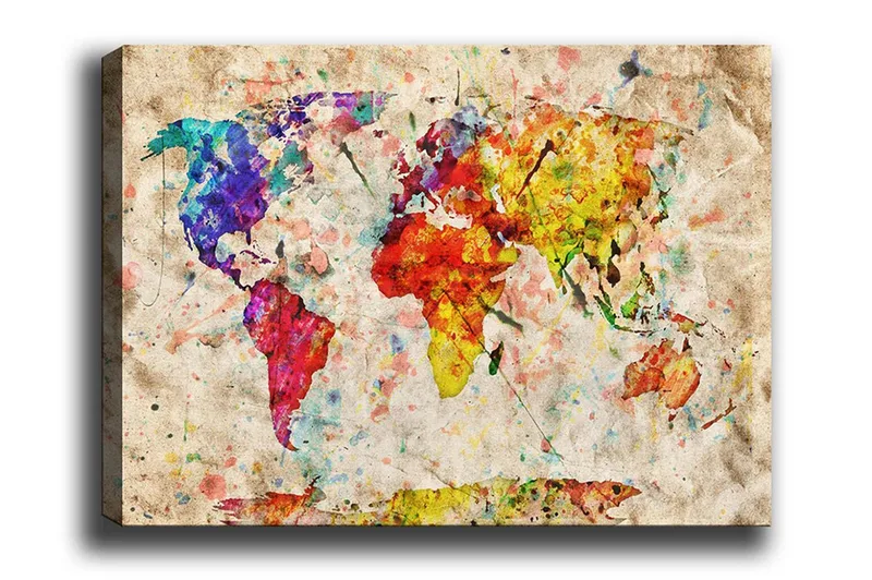 Canvastavla - Färgglad världskarta med abstrakta former, Blå / Röd / Gul