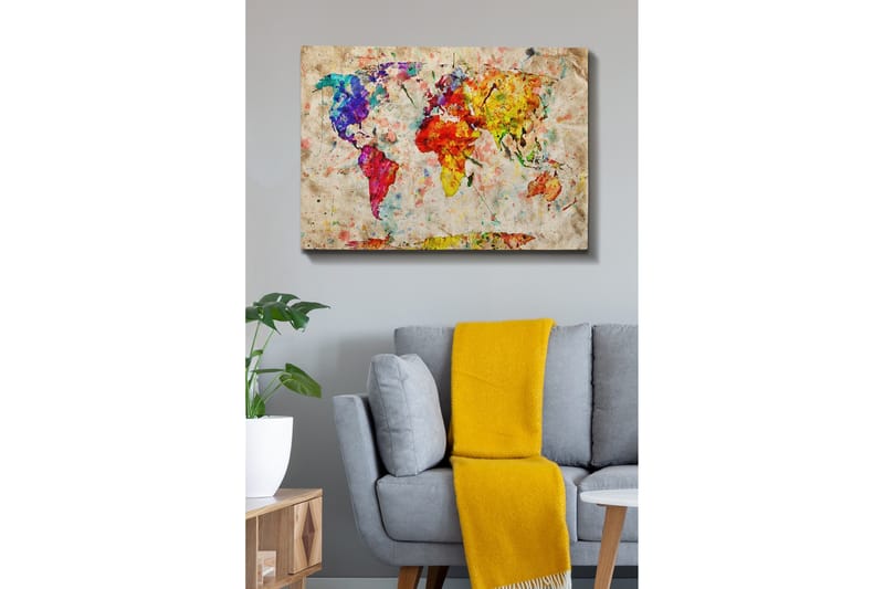 Canvastavla - Färgglad världskarta med abstrakta former - Blå / Röd / Gul - Inredning - Tavlor & konst - Canvastavlor