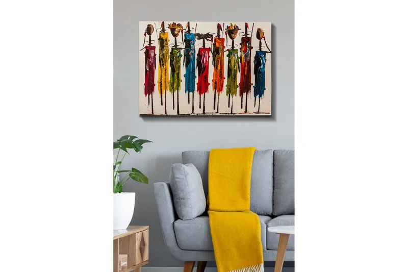 Canvastavla - Färgglada figurer med traditionella kläder och föremål - Röd / Grön / Gul - Inredning - Tavlor & konst - Canvastavlor