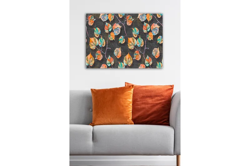 Canvastavla - Färgglada löv mot en mörk bakgrund - Grön / Orange / Blå - Inredning - Tavlor & konst - Canvastavlor