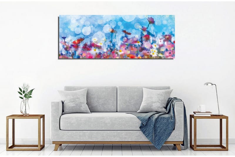 Canvastavla - Färgrik blomsteräng med suddiga ljusprickar - Blå / Rosa / Vit - Inredning - Tavlor & konst - Canvastavlor