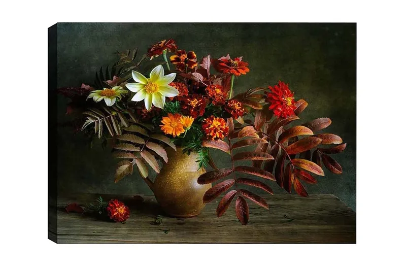 Canvastavla - Färgrik bukett av blommor i en keramikvas, Röd / Orange / Grön