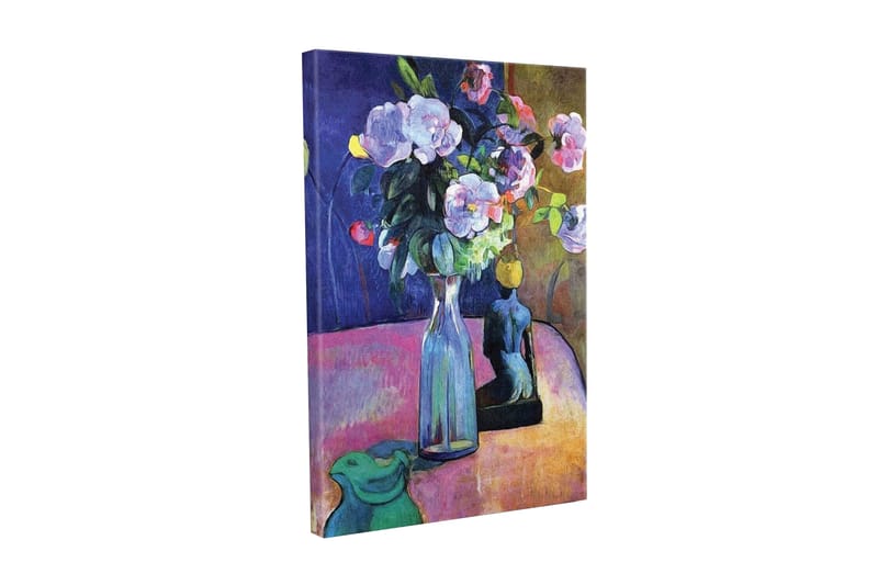 Canvastavla - Färgrik bukett av blommor i en vas med en skulptur i bakgrunden, Lila / Grön / Rosa