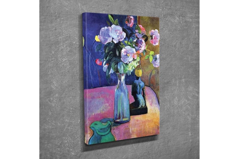 Canvastavla - Färgrik bukett av blommor i en vas med en skulptur i bakgrunden - Lila / Grön / Rosa - Inredning - Tavlor & konst - Canvastavlor