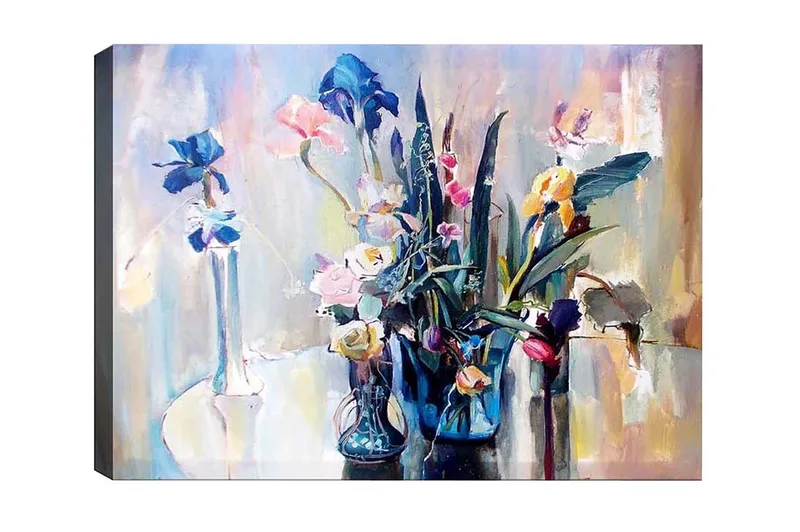 Canvastavla - Färgrik bukett av blommor i glasvaser - Blå / Rosa / Grön - Inredning - Tavlor & konst - Canvastavlor