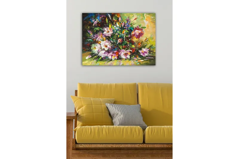 Canvastavla - Färgrik bukett av blommor i livfulla nyanser - Lila / Grön / Gul - Inredning - Tavlor & konst - Canvastavlor