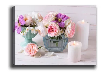 Canvastavla - Färgrik bukett av blommor i olika vaser - Rosa / Lila / Vit - Inredning - Tavlor & konst - Canvastavlor
