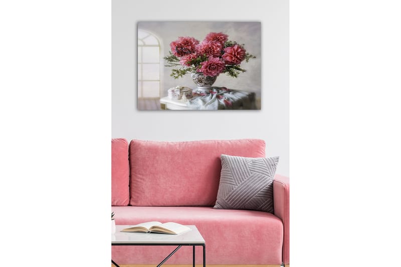 Canvastavla - Färgrik bukett av dahlior i en vacker vas - Rosa / Grön / Vit - Inredning - Tavlor & konst - Canvastavlor