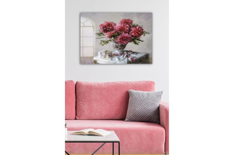 Canvastavla - Färgrik bukett av dahlior i en vacker vas - Rosa / Grön / Vit - Inredning - Tavlor & konst - Canvastavlor
