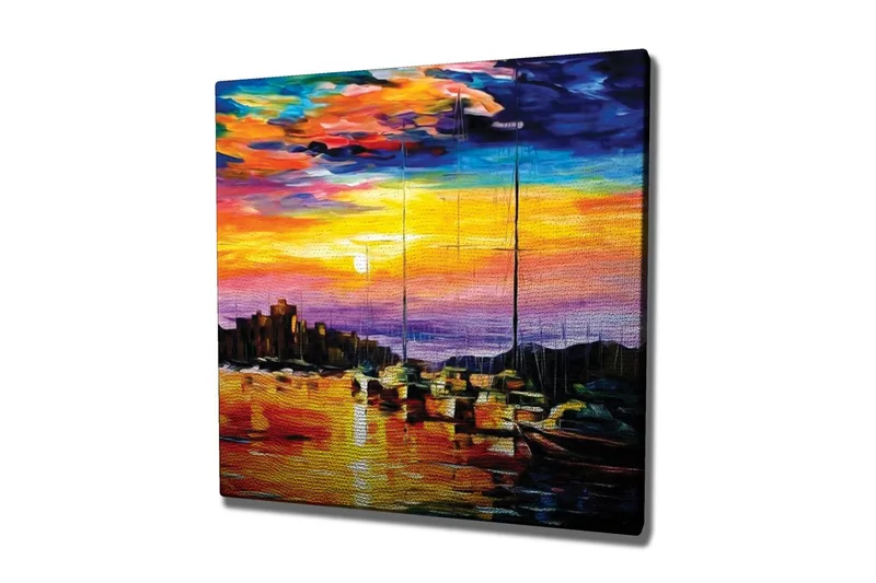 Canvastavla - Färgrik solnedgång över en hamn med segelbåtar, Orange / Lila / Blå