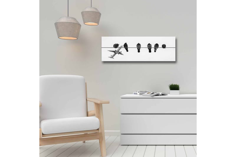 Canvastavla - Fåglar på en ledning med ett flygplan i bakgrunden - Svart / Vitt - Inredning - Tavlor & konst - Canvastavlor