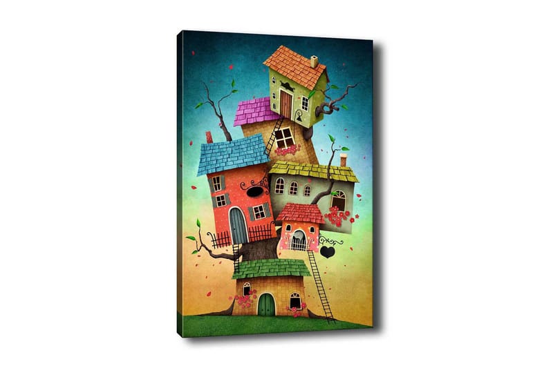 Canvastavla - Fantasifull byggnad av färgglada hus som växer ur en trädstam, Grön / Röd / Blå