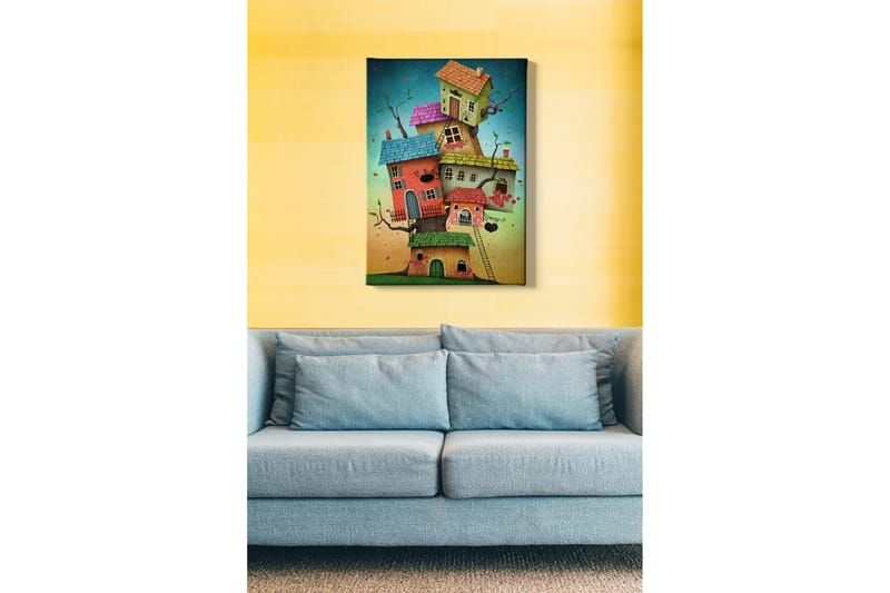 Canvastavla - Fantasifull byggnad av färgglada hus som växer ur en trädstam - Grön / Röd / Blå - Inredning - Tavlor & konst - Canvastavlor