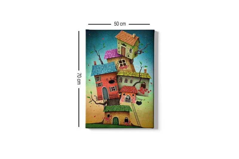 Canvastavla - Fantasifull byggnad av färgglada hus som växer ur en trädstam - Grön / Röd / Blå - Inredning - Tavlor & konst - Canvastavlor
