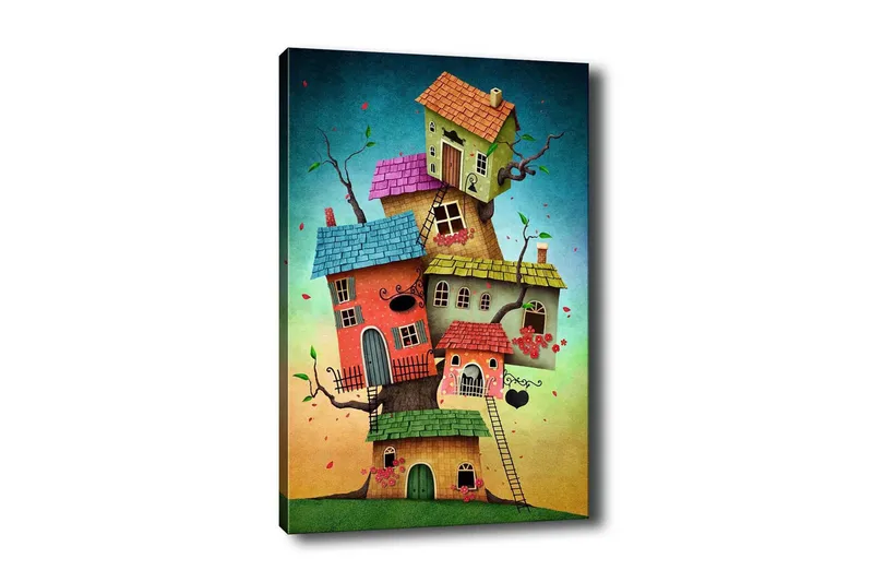 Canvastavla - Fantasifull byggnad av färgglada hus som växer ur en trädstam, Grön / Röd / Blå