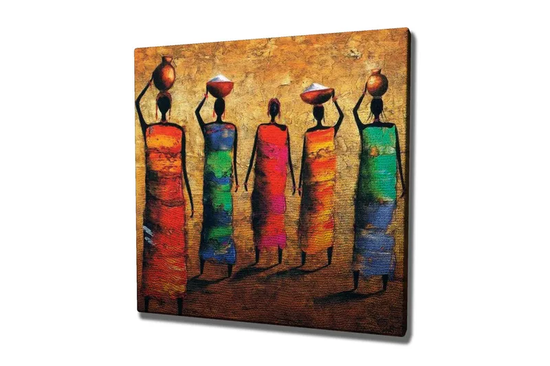 Canvastavla - Fem kvinnor i färgglada klänningar som bär krukor på huvudet, Röd / Grön / Blå