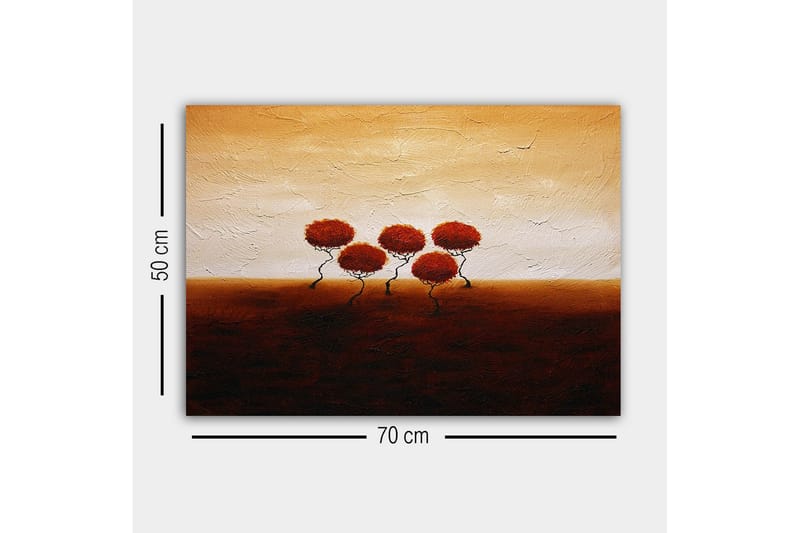 Canvastavla - Fem stiliserade träd med rödaktiga lövverk mot en varm, gyllene bakgrund - Röd / Brun / Beige - Inredning - Tavlor & konst - Canvastavlor