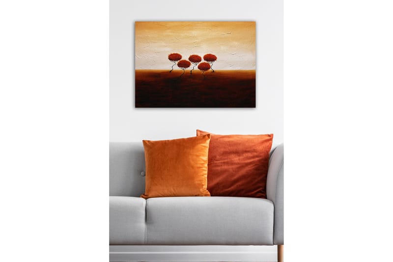 Canvastavla - Fem stiliserade träd med rödaktiga lövverk mot en varm, gyllene bakgrund - Röd / Brun / Beige - Inredning - Tavlor & konst - Canvastavlor