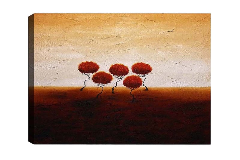 Canvastavla - Fem stiliserade träd med rödaktiga lövverk mot en varm, gyllene bakgrund, Röd / Brun / Beige