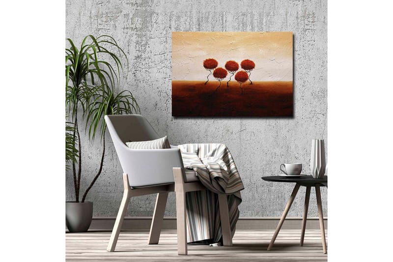 Canvastavla - Fem stiliserade träd med runda, röda kronor på en mjukt böljande bakgrund - Röd / Brun / Beige - Inredning - Tavlor & konst - Canvastavlor