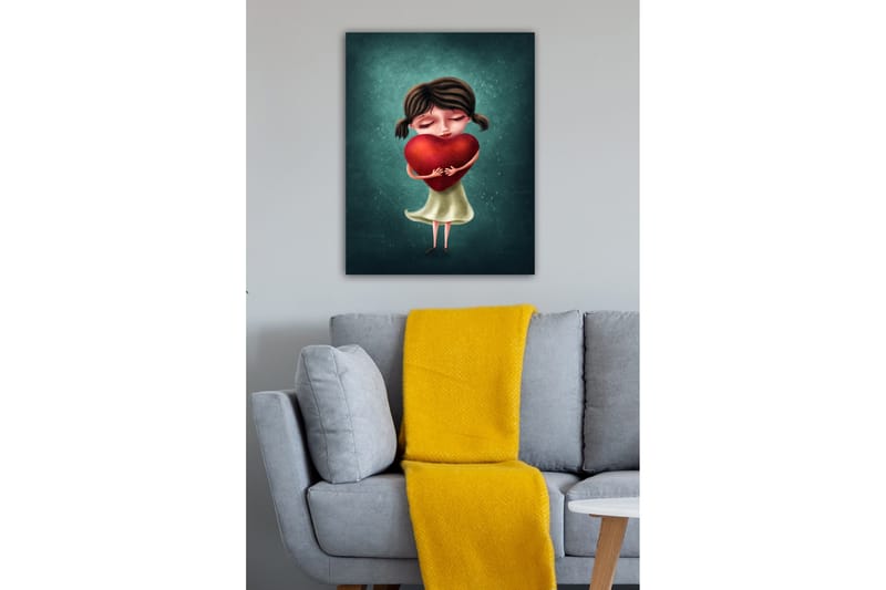 Canvastavla - Flicka som håller ett stort rött hjärta - Röd / Grön / Beige - Inredning - Tavlor & konst - Canvastavlor