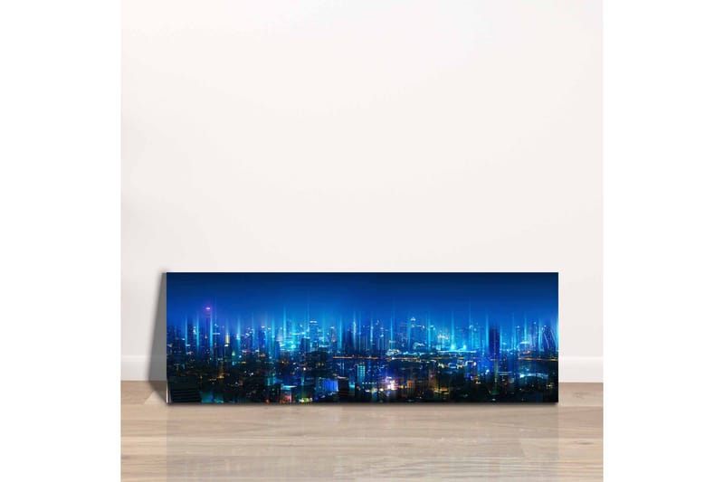 Canvastavla - Futuristisk stadslandskap med ljusa skyskrapor - Mörkblå / Ljusblå / Turkos - Inredning - Tavlor & konst - Canvastavlor