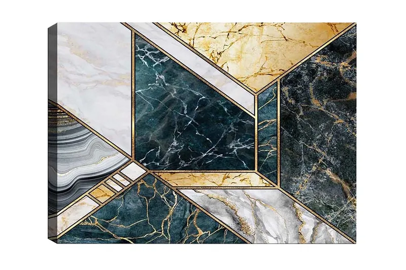 Canvastavla - Geometrisk komposition med marmorliknande ytor, Mörkgrön / Vit / Guld