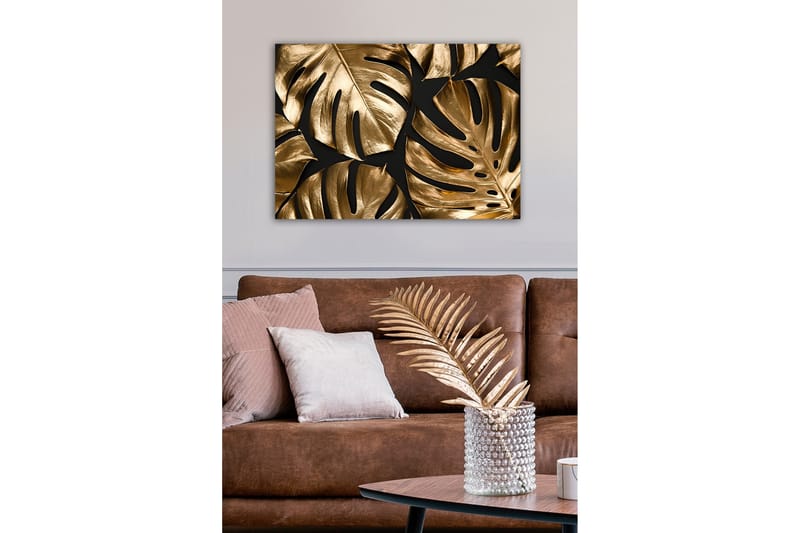 Canvastavla - Glänsande monstera-blad i guldtoner - Guld / Svart - Inredning - Tavlor & konst - Canvastavlor