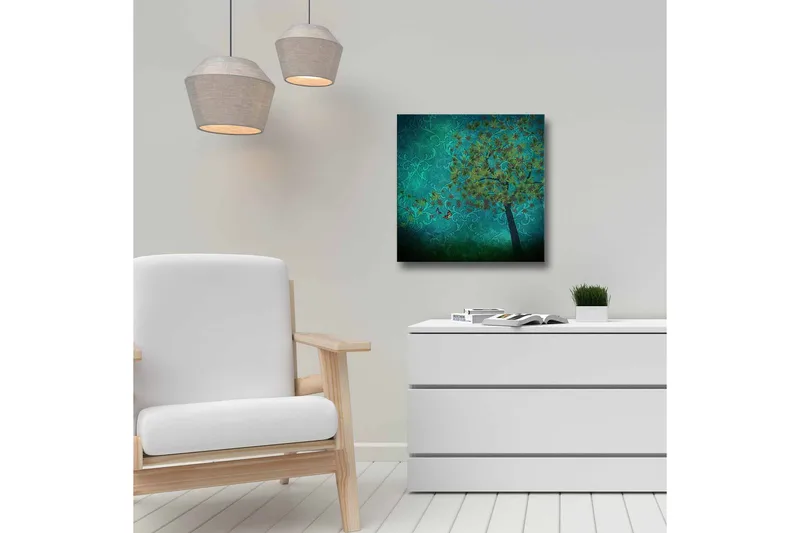 Canvastavla - Grönskande träd med fjärilar i en abstrakt bakgrund - Turkos / Grön / Brun - Inredning - Tavlor & konst - Canvastavlor