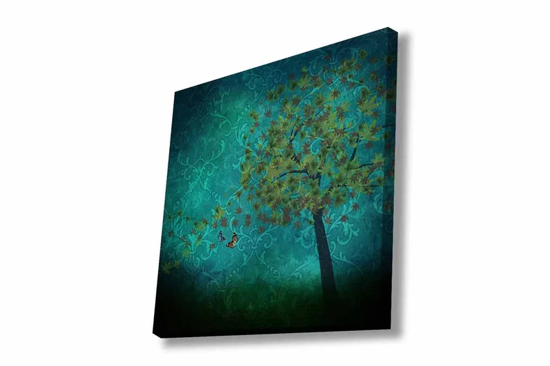 Canvastavla - Grönskande träd med fjärilar i en abstrakt bakgrund, Turkos / Grön / Brun