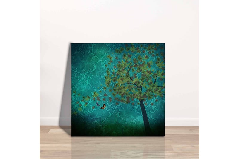 Canvastavla - Grönskande träd med fjärilar i en abstrakt bakgrund - Turkos / Grön / Brun - Inredning - Tavlor & konst - Canvastavlor