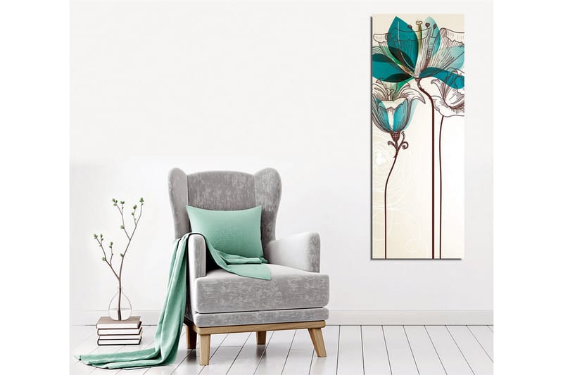 Canvastavla - Grafisk blomsterillustration med turkosa transparenta blad och brun linjeteckning - Beige / Brun / Turkos - Inredning - Tavlor & konst - Canvastavlor