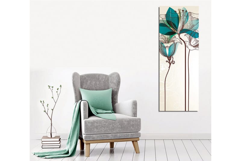 Canvastavla - Grafisk blomsterillustration med turkosa transparenta blad och brun linjeteckning - Beige / Brun / Turkos - Inredning - Tavlor & konst - Canvastavlor