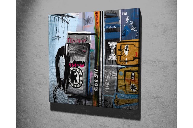 Canvastavla - Grafisk komposition med telefon och abstrakta figurer - Blå / Svart / Gul - Inredning - Tavlor & konst - Canvastavlor