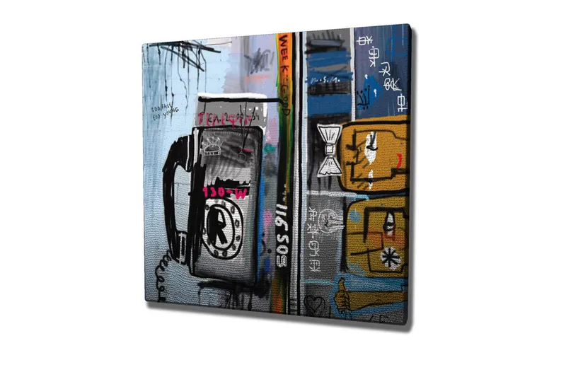 Canvastavla - Grafisk komposition med telefon och abstrakta figurer, Blå / Svart / Gul