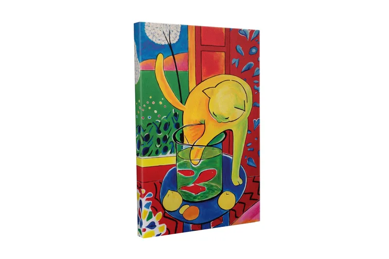Canvastavla - Gul katt som leker med en glasburk med fiskar - Gul / Grön / Röd - Inredning - Tavlor & konst - Canvastavlor