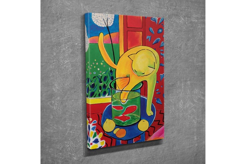 Canvastavla - Gul katt som leker med en glasburk med fiskar - Gul / Grön / Röd - Inredning - Tavlor & konst - Canvastavlor