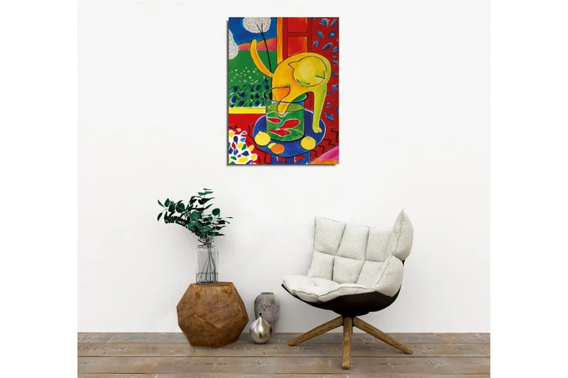 Canvastavla - Gul katt som leker med en glasburk med fiskar - Gul / Grön / Röd - Inredning - Tavlor & konst - Canvastavlor