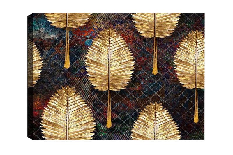 Canvastavla - Gyllene blad i ett mönstrat arrangemang, Guld / Mörkblå / Grön