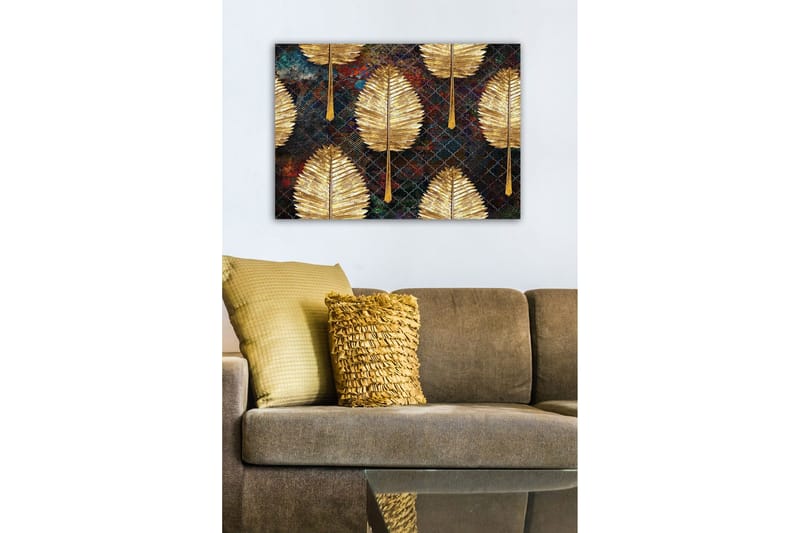 Canvastavla - Gyllene blad i ett mönstrat arrangemang - Guld / Mörkblå / Grön - Inredning - Tavlor & konst - Canvastavlor
