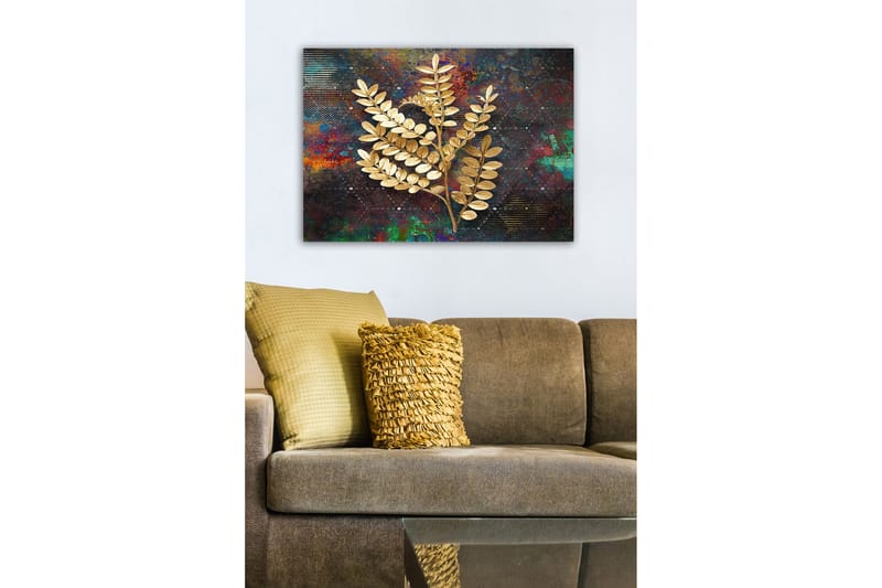 Canvastavla - Gyllene kvistar av lövverk mot en färgglad bakgrund - Guld / Mörkblå / Grön - Inredning - Tavlor & konst - Canvastavlor