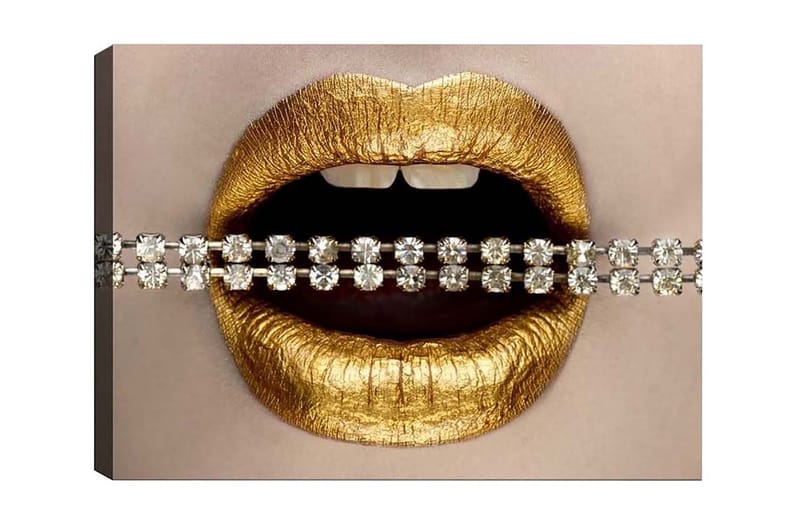 Canvastavla - Gyllene läppar med en glittrande kedja, Guld / Silver
