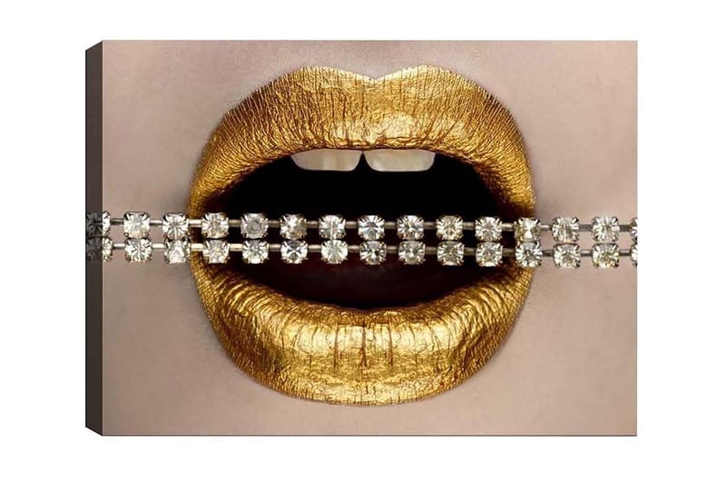 Canvastavla - Gyllene läppar med en glittrande kedja, Guld / Silver