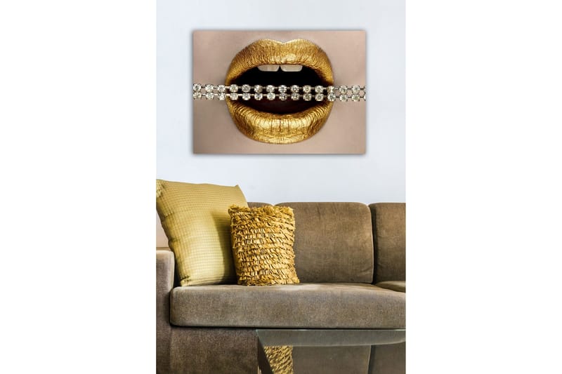 Canvastavla - Gyllene läppar med en glittrande kedja - Guld / Silver - Inredning - Tavlor & konst - Canvastavlor