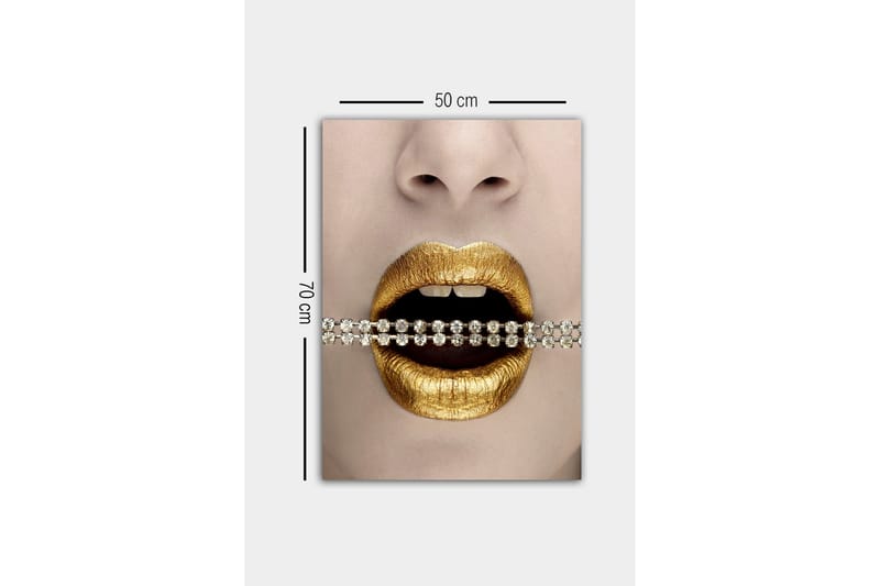 Canvastavla - Gyllene läppar med en glittrande kedja mellan tänderna - Guld / Svart / Silver - Inredning - Tavlor & konst - Canvastavlor