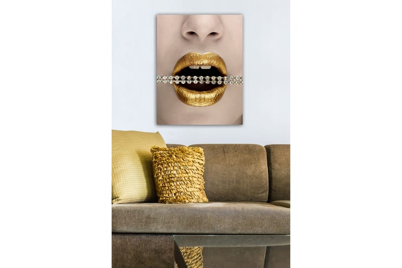 Canvastavla - Gyllene läppar med en glittrande kedja mellan tänderna - Guld / Svart / Silver - Inredning - Tavlor & konst - Canvastavlor
