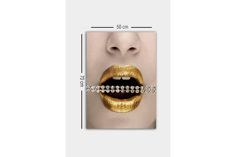 Canvastavla - Gyllene läppar med en glittrande kedja mellan tänderna - Guld / Svart / Silver - Inredning - Tavlor & konst - Canvastavlor