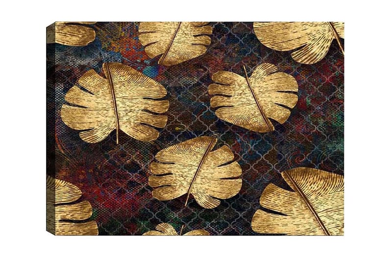 Canvastavla - Gyllene monstera-blad mot en mörk bakgrund - Guld / Mörkblå / Röd - Inredning - Tavlor & konst - Canvastavlor