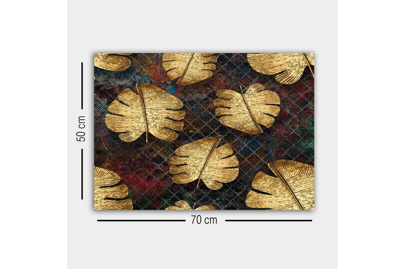 Canvastavla - Gyllene monstera-blad mot en mörk bakgrund - Guld / Mörkblå / Röd - Inredning - Tavlor & konst - Canvastavlor