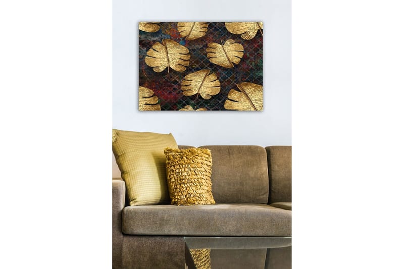 Canvastavla - Gyllene monstera-blad mot en mörk bakgrund - Guld / Mörkblå / Röd - Inredning - Tavlor & konst - Canvastavlor